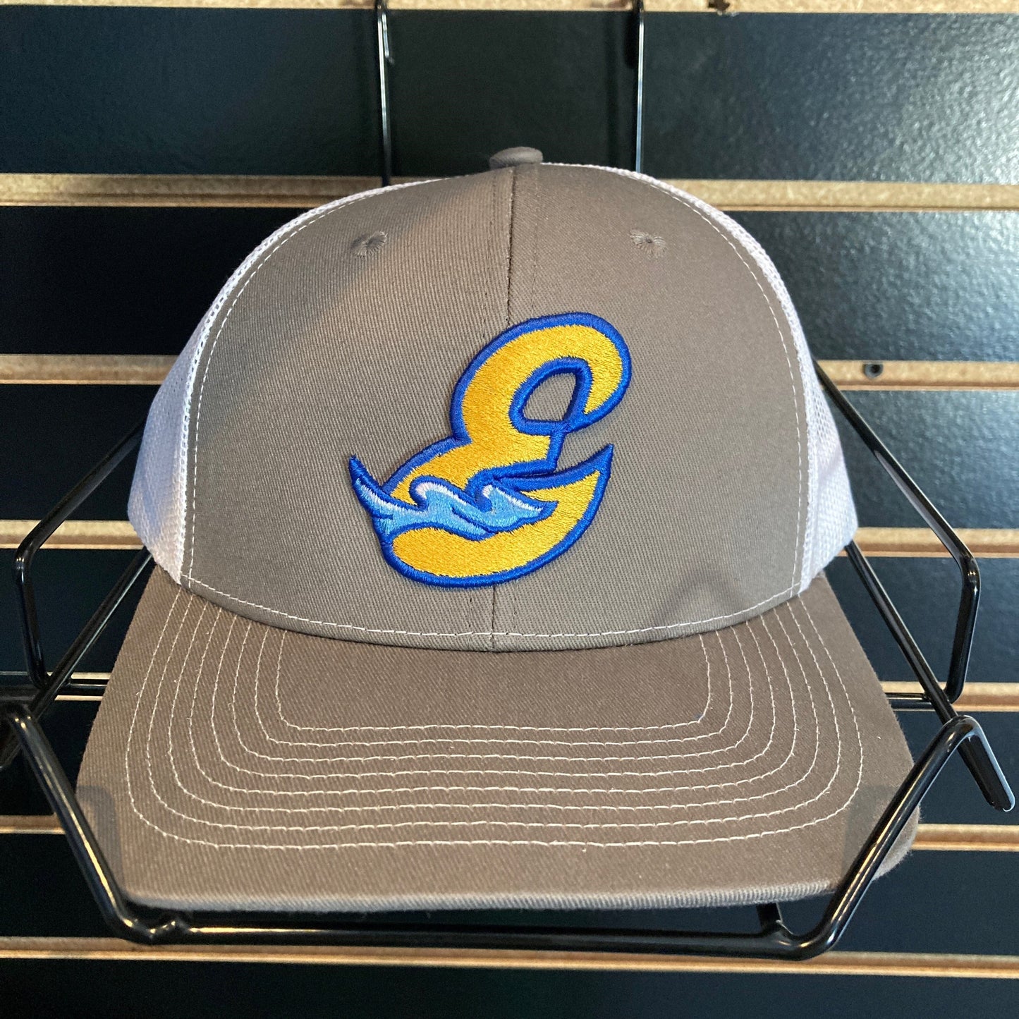 River Riders Hat Gray and White E logo